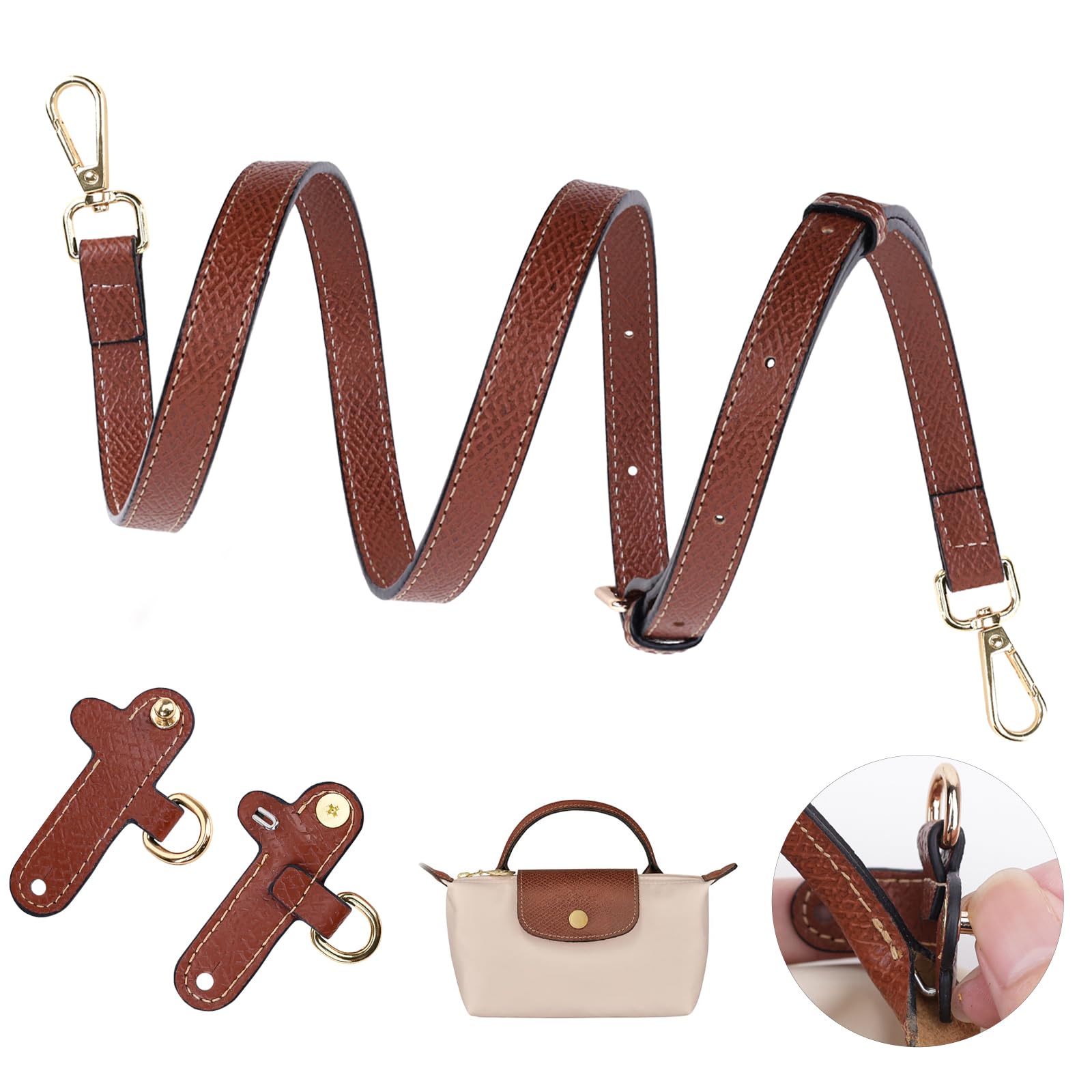 Schultergurt für Longchamp Mini Tasche Damen,Doppelseitiges Leder Cognac Schulterriemen,Einstellbarer No-Punch Taschengurt für Long Champ Henkel,Strap (Breite des Schultergurtes 1,4cm) von GADITIEK