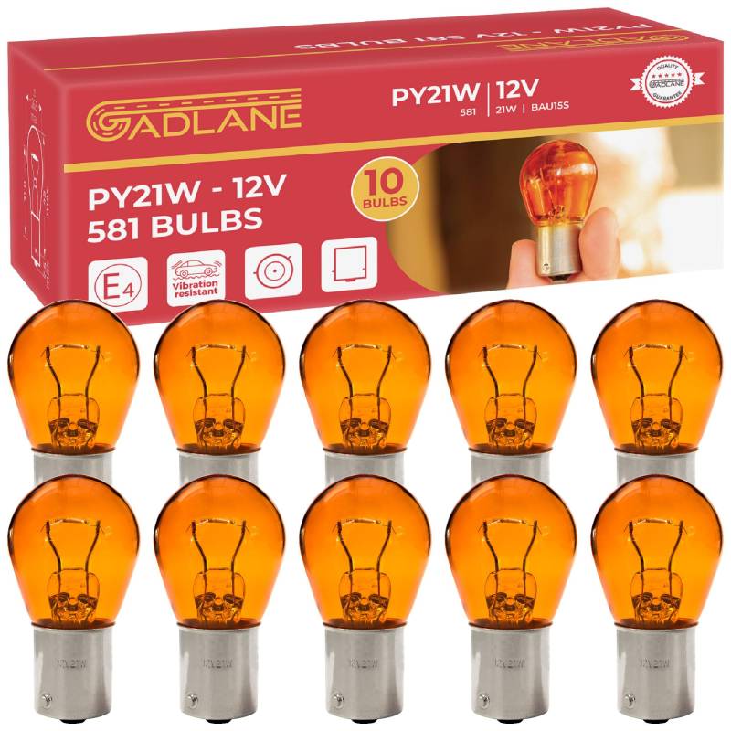 GADLANE 10 x 581 Bernstein-Orange 12 V 21 W PY21 W Bajonett-Blinker-Signal-Off-Set Pins Autobirnen BAU15S - 10 Stück von GADLANE