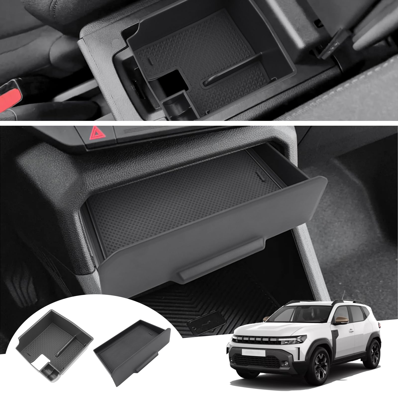 [2 Stück] GAFAT Neu Dacia Duster 3 2024 2025 Mittelkonsole Aufbewahrungsbox, Armlehne Tray + Versteckte Schiebeschublade Organizer Für Dacia Duster III ab 2024, Duster 3 Zubehör 2024 von GAFAT