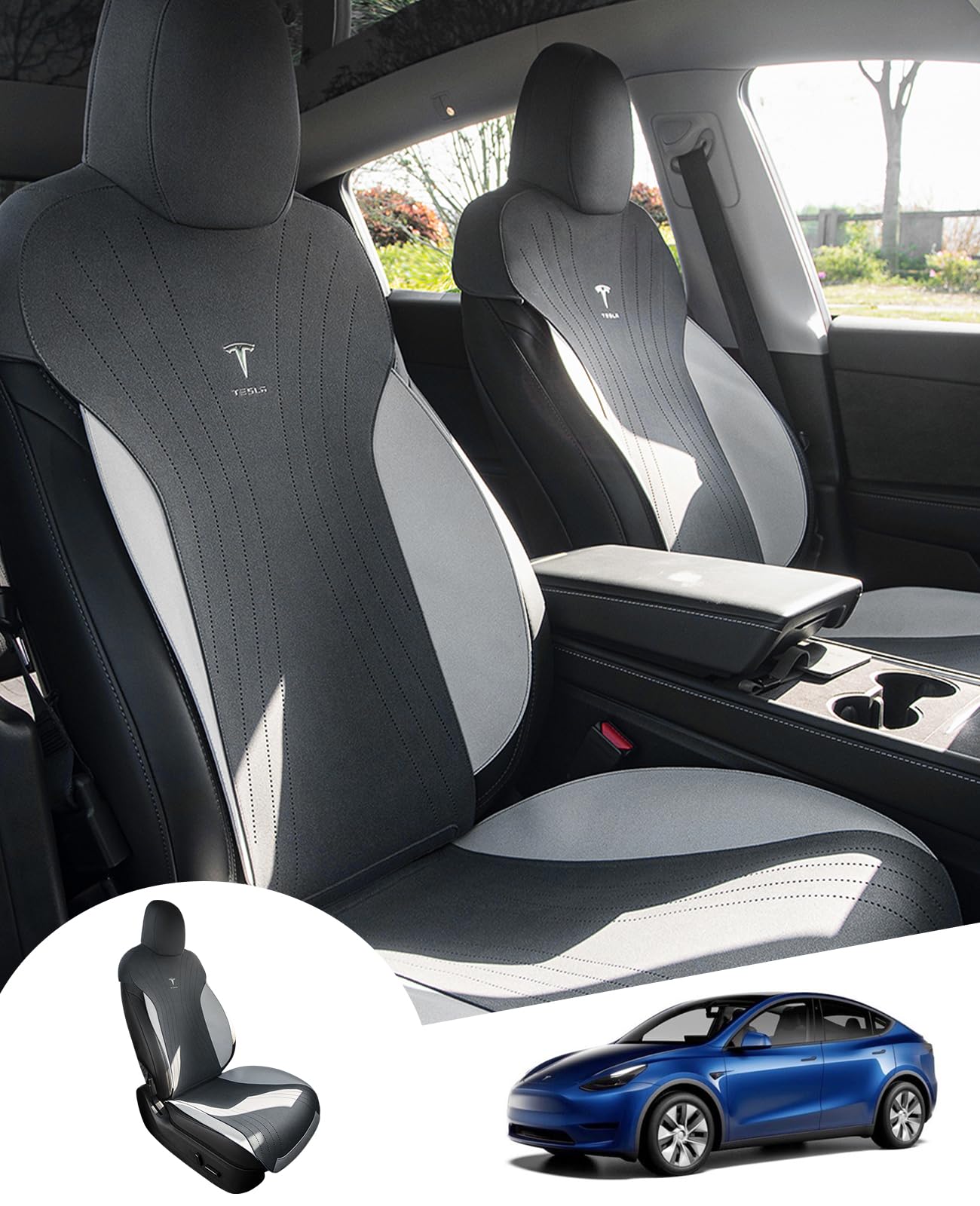 GAFAT Tesla Model Y 2021-2024/ Model 3 2017-2023 Sitzbezüge Vordersitze Aus Wildleder, Bequem zu Vier Jahreszeit, Model Y Sitzschutz Leder Verdicken, Original Tesla Innenraumstil, Airbag Kompatibel von GAFAT