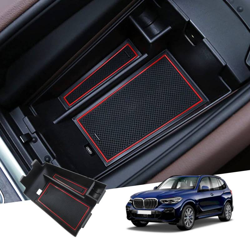 GAFAT Kompatibel mit BMW X5 G05/ X6 G06/ X7 G07 2019-2024 2025 Mittelkonsole Aufbewahrungsbox, Armlehne Organizer Tray Handschuhfach, X5 G05 Zubehör (Rot) von GAFAT