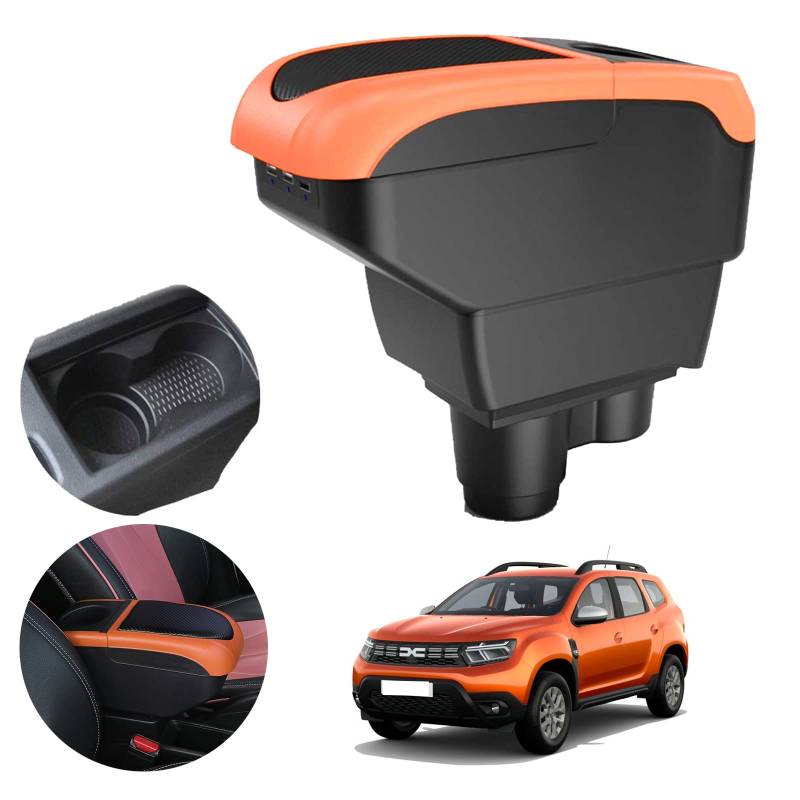 GAFAT Dacia Duster 2 Facelift 2018-2023 2024 Armlehnen, Dacia Duster 2023 Mittelkonsole Armlehnenbox Mittelarmlehne Aufbewahrungsbox, mit Ablagefach und Becherhalter (Orange) von GAFAT