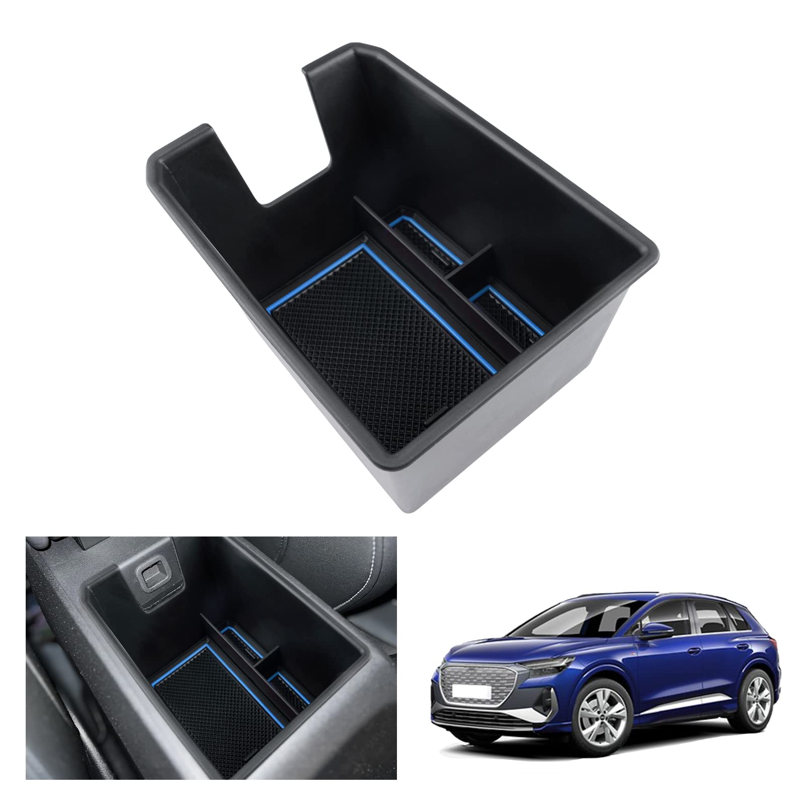 GAFAT Kompatibel mit Q4 e-tron EV Electric 2021-2023 2024 Mittelkonsole Aufbewahrungsbox, Q4 etron Sportback 2023 Armlehne Organizer Tray Handschuhfach, Q4 etron Zubehör (Blau) von GAFAT