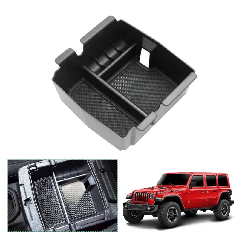 GAFAT Kompatibel mit Jeep Wrangler JL/Gladiator JT 2018-2023 2024 Mittelkonsole Aufbewahrungsbox, Wrangler 2023 Armlehne Organizer Tray Handschuhfach, Wrangler Zubehör (Schwarz) von GAFAT