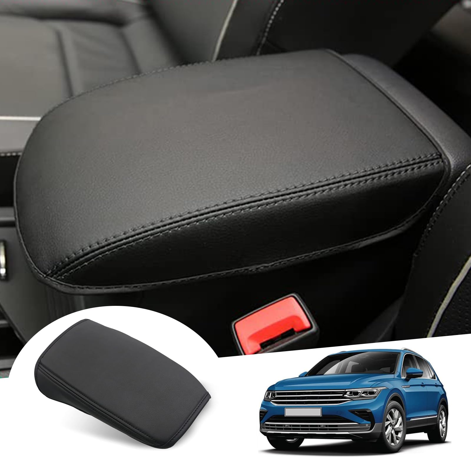 GAFAT Kompatibel mit Mittelarmlehne Abdeckung für Tiguan 2/Seat Tarraco 2019-2022 2023, Neu Taos 2021 2023/T*igua-n 2 2016-2023 Mittelkonsole Armlehne Schutz Leder Polster (Schwarz) von GAFAT