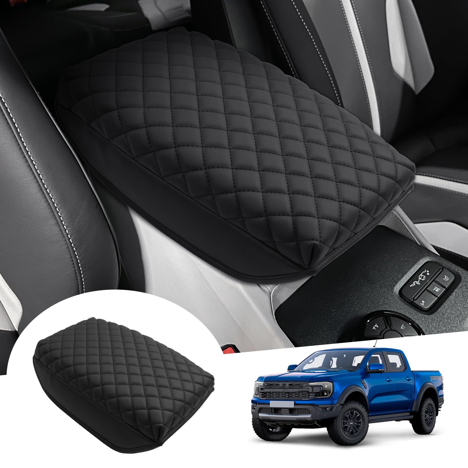 GAFAT Kompatibel mit Neu Ford Ranger T9 2023 2024(Elektronische Bremse) Mittelarmlehne Abdeckung, Ranger Raptor Wildtrak Mittelkonsole, PU Mikrofaser leder, 4 CM Erhöht Verdickt Müdigkeit lindern von GAFAT