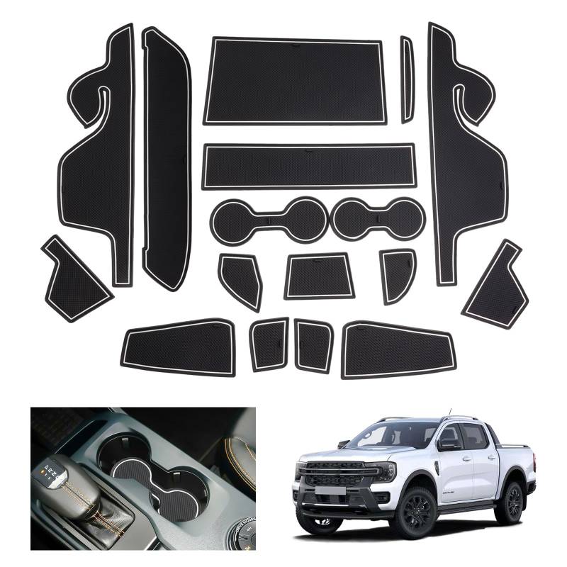 GAFAT Kompatibel mit Neu Ford Ranger T9 2023 2024 (Elektronische Bremse) Antirutschmatten, Ranger Raptor Wildtrak Gummimatten rutschfest Non-Slip, Mittelkonsole Türnaht, Ranger 2024 Zubehör (Weiß) von GAFAT