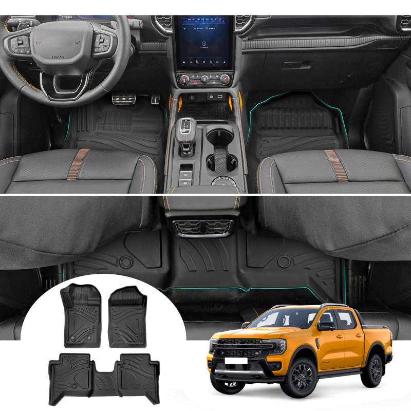 GAFAT Kompatibel mit Neu Ford Ranger T9 Fussmatten 2023 2024, Ranger T9 Raptor Wildtrak XLT Fußmatten, TPE Allwetter Original 3D Scannen Hoher Rand 5-7 cm, Ranger 2023 Zubehör von GAFAT