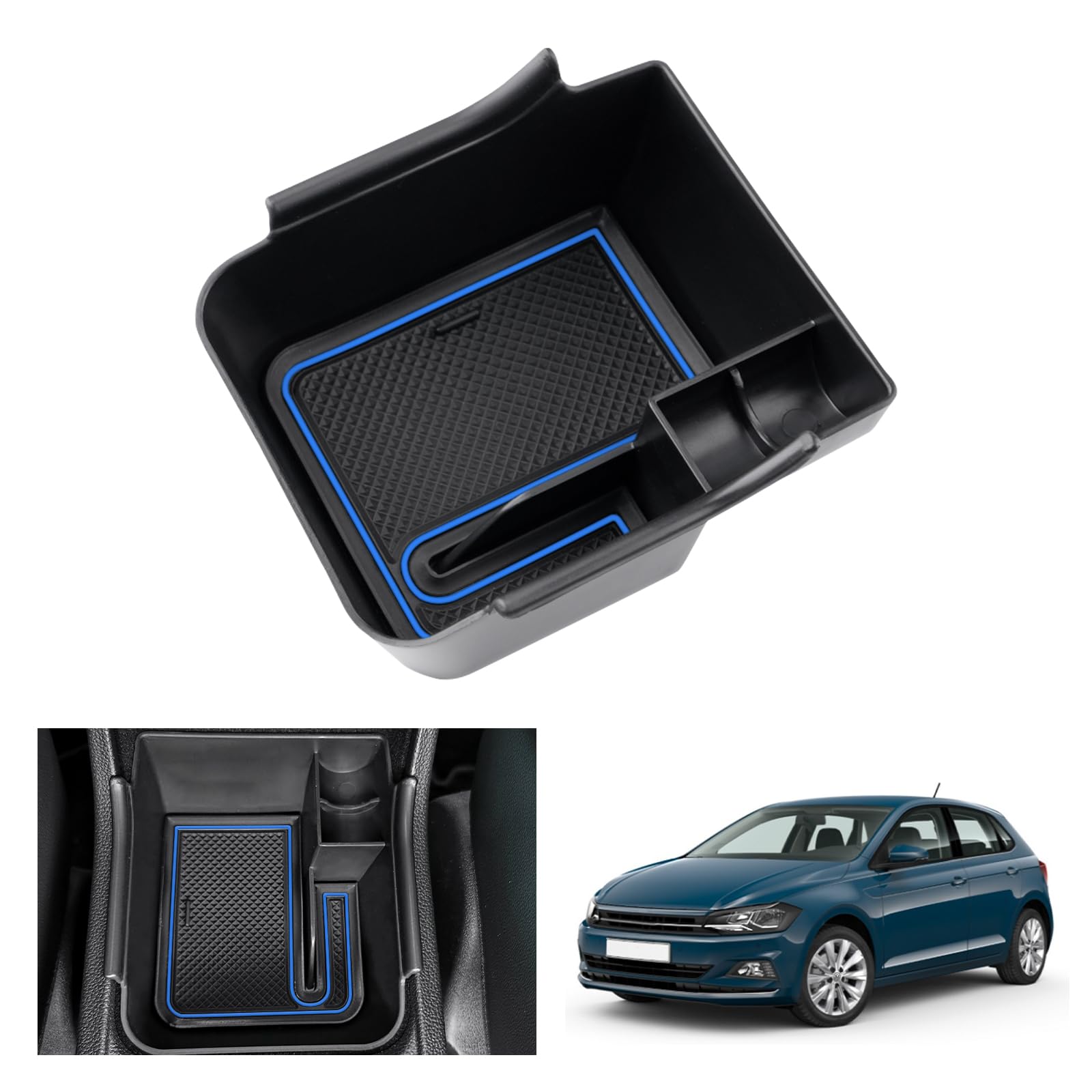 GAFAT Kompatibel mit VW Polo MK6/ Taigo/Nivus 2018-2023 2024 Mittelkonsole Aufbewahrungsbox, Polo 6 Armlehne Organizer Tray Handschuhfach, Taigo Zubehör (Blau) von GAFAT