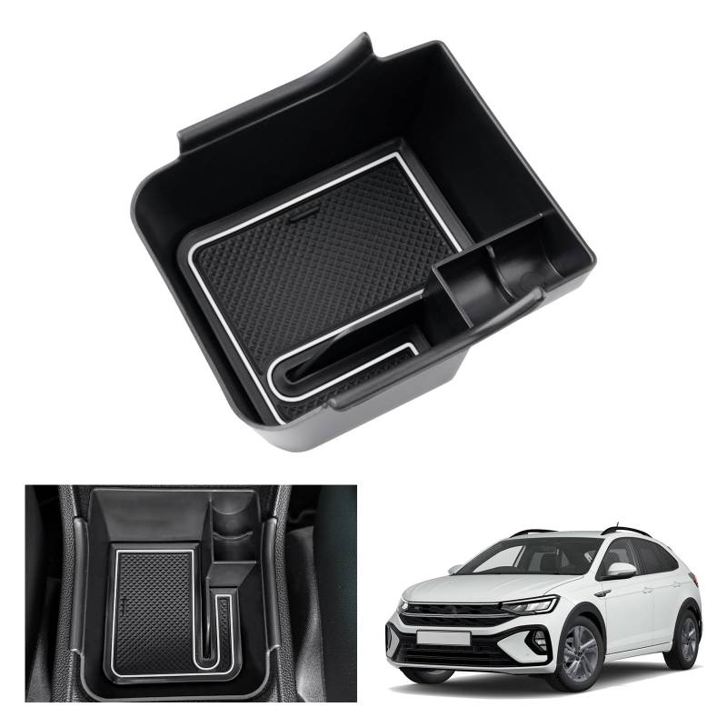 GAFAT Kompatibel mit VW Polo MK6/ Taigo/Nivus 2018-2023 2024 Mittelkonsole Aufbewahrungsbox, Polo 6 Armlehne Organizer Tray Handschuhfach, Taigo Zubehör (Weiß) von GAFAT