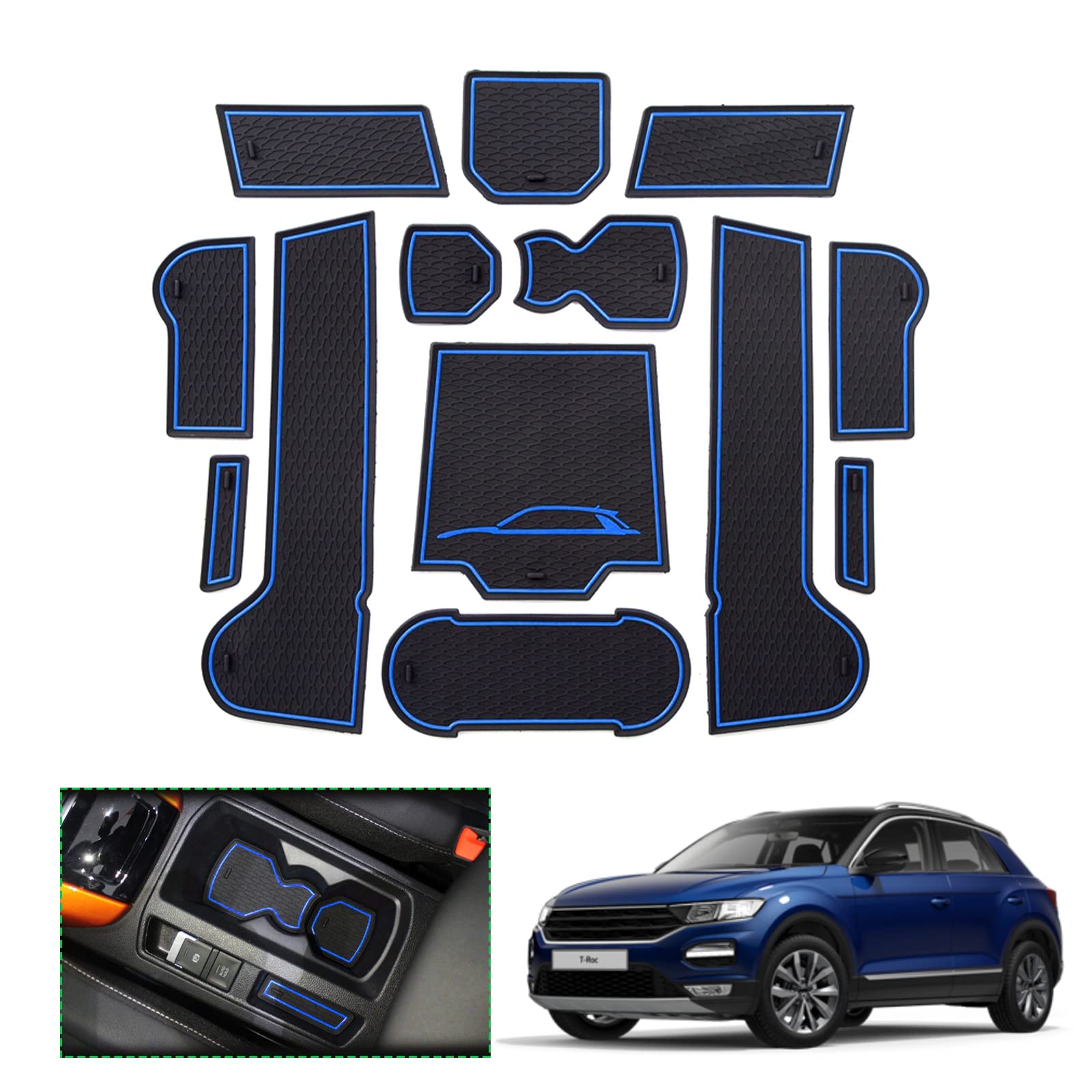 GAFAT Kompatibel mit VW T-ROC Antirutschmatten, 2017-2022 2023 T-R0C Gummimatten für Mittelkonsole, Organizer-Tablett, Handschuhfach, Türschlitze (Blau) von GAFAT