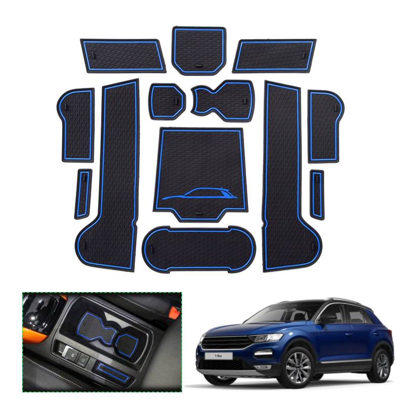 GAFAT Kompatibel mit VW T-ROC Antirutschmatten, 2017-2024 2025 T-R0C Gummimatten für Mittelkonsole, Organizer-Tablett, Handschuhfach, Türschlitze (Blau) von GAFAT