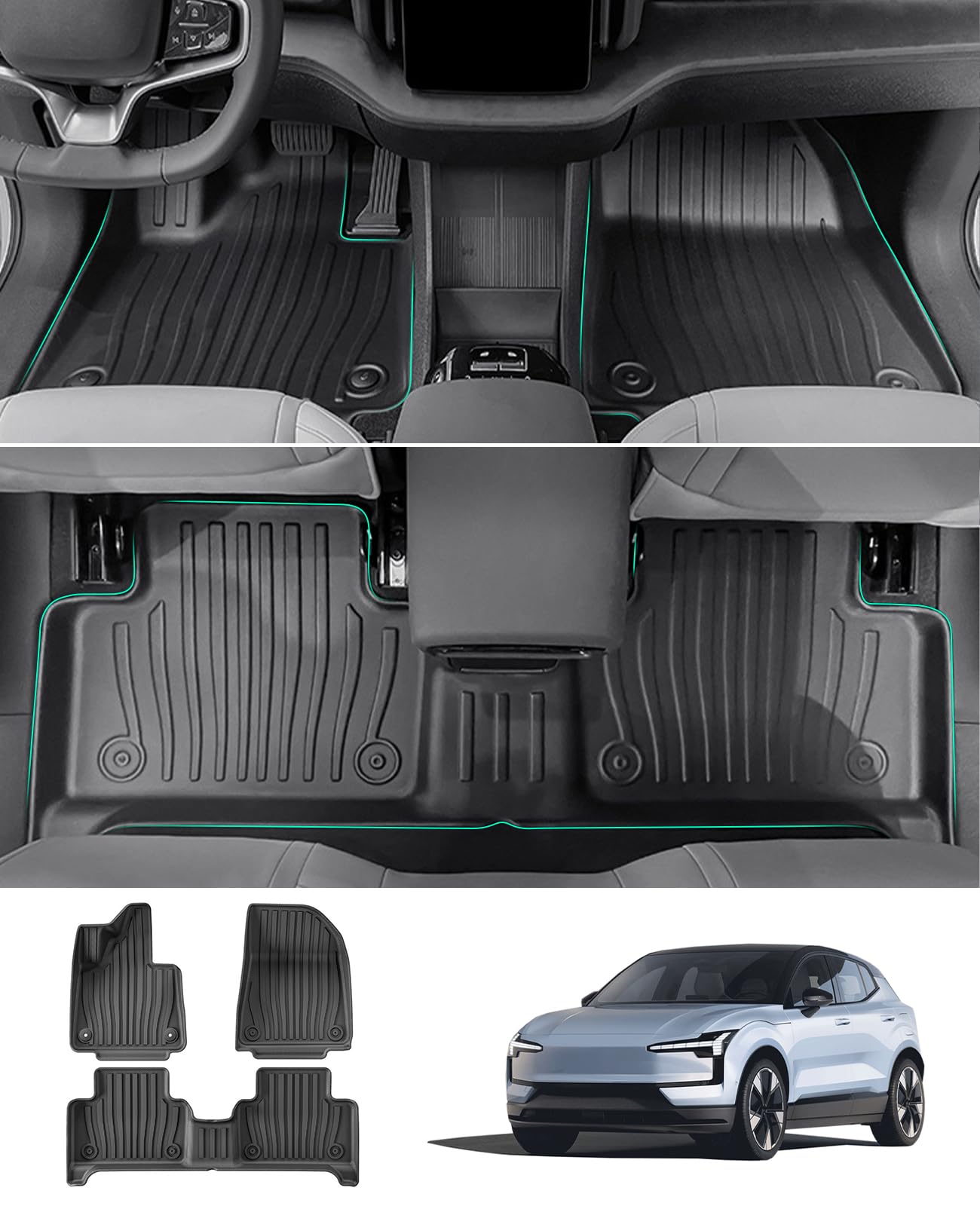 GAFAT Kompatibel mit Volvo EX30 2024 2025 Fussmatten, TPE Allwetter Fußmatten für V0lvo EX30 ab Bj. 2024, Original EX30 Zubehör 3D-Scan Gummimatten Hoher Rand 5-7CM, Leicht zu Reinigen von GAFAT