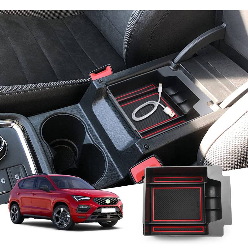 GAFAT Seat Ateca FR Facelift/Cuprα Ateca 2017-2023 2024 Mittelkonsole Aufbewahrungsbox, Seat Ateca 2023 Armlehne Organizer Tray Mittelarmlehne Handschuhfach, Seat Ateca Zubehör (Rot) von GAFAT