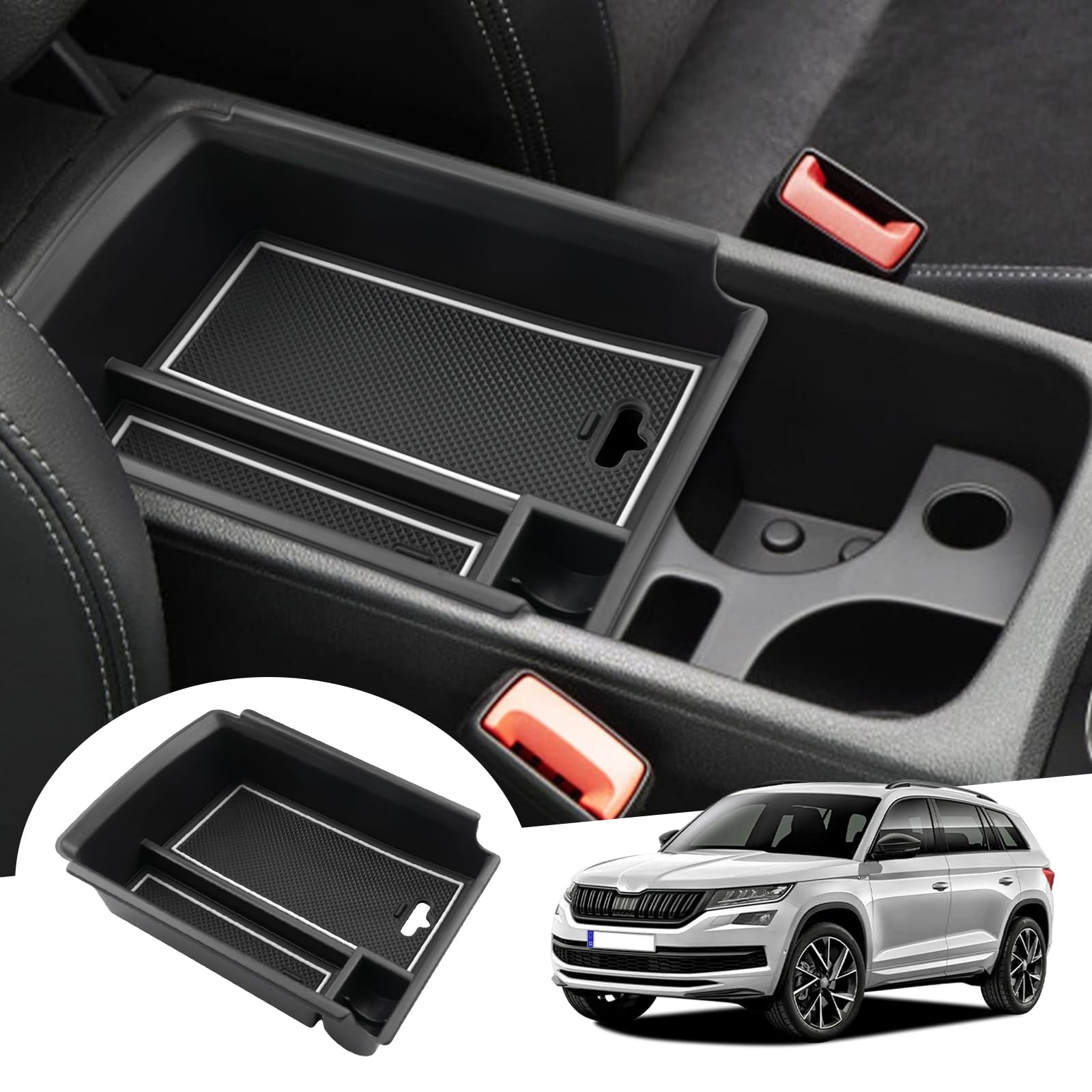 GAFAT Kompatibel mit Skoda Kodiaq 2017-2023/ Karoq 2017-2024 Mittelkonsole Aufbewahrungsbox, Karoq Armlehne Organizer Tray Handschuhfach, Kodiaq Zubehör (Weiß) von GAFAT