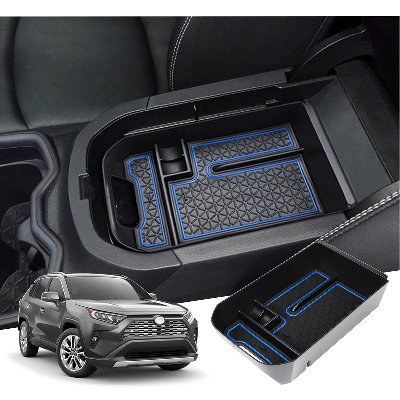 GAFAT Toyot-a RAV4 /Hybrid/Plug-in Hybrid 2019-2023 2024 Mittelkonsole Aufbewahrungsbox Armlehne Organizer Tray Mittelarmlehne Handschuhfach, Kompatibel mit Toyota RAV4 Zubehör (Blau) von GAFAT