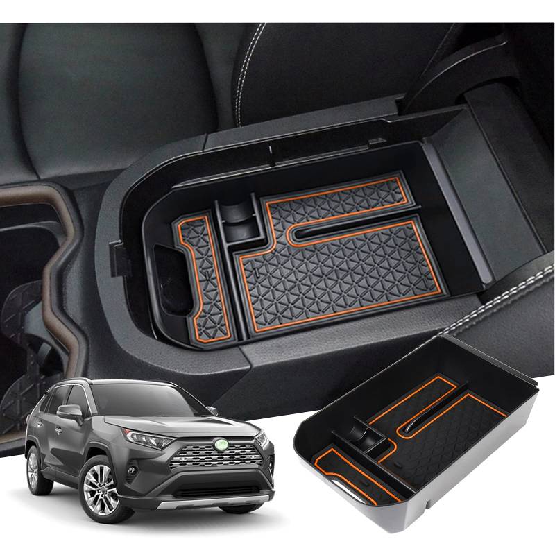 GAFAT Toyot-a RAV4 /Hybrid/Plug-in Hybrid 2019-2023 2024 Mittelkonsole Aufbewahrungsbox Armlehne Organizer Tray Mittelarmlehne Handschuhfach, Kompatibel mit Toyota RAV4 Zubehör (Orange) von GAFAT