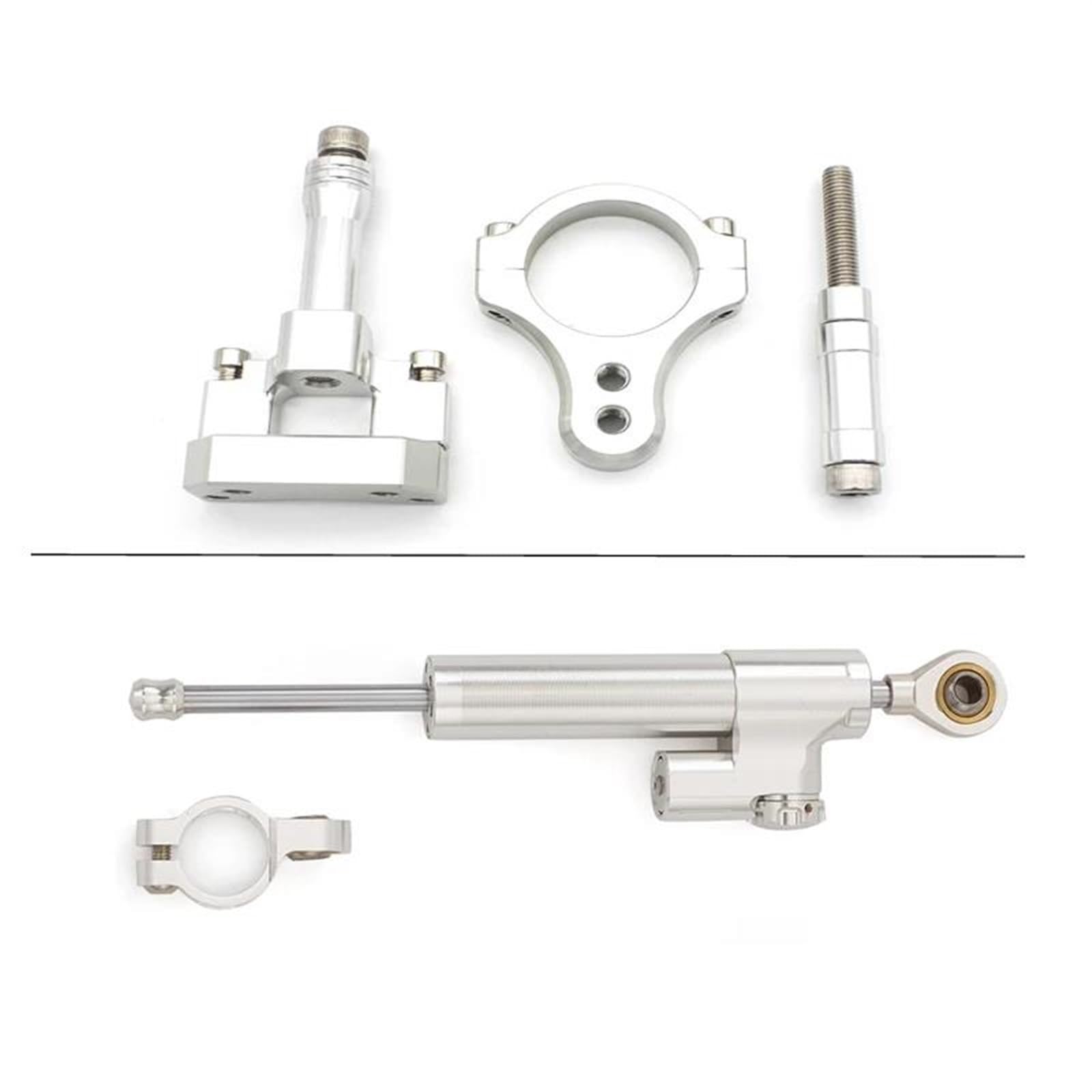 Dämpfer Lenkungsstabilisator Motorrad Stabilisator Lenkung Dämpfer 50mm Clamp Montage Halterung Unterstützung Kit Für G-Booster Für Roller CNC Motorräder Aluminium Dämpfer(Silver Set) von GALSOR