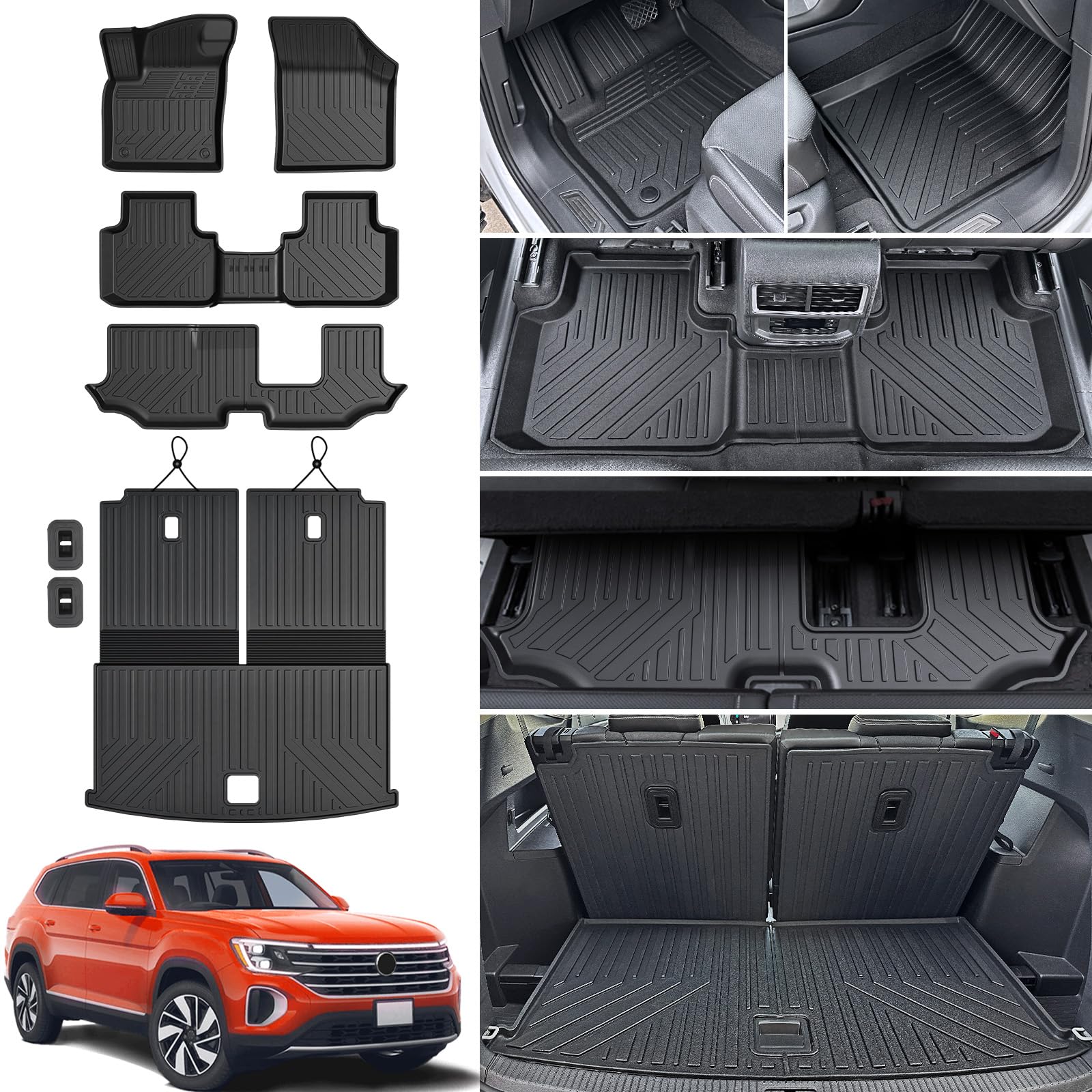 GALVAGNITE Fußmatten für 2018-2024 Volkswagen Atlas, Allwetter TPE Fußmatte, Cargo Liner mit Rückenlehnenmatte für Atlas Zubehör (komplettes Matten-Set) von GALVAGNITE