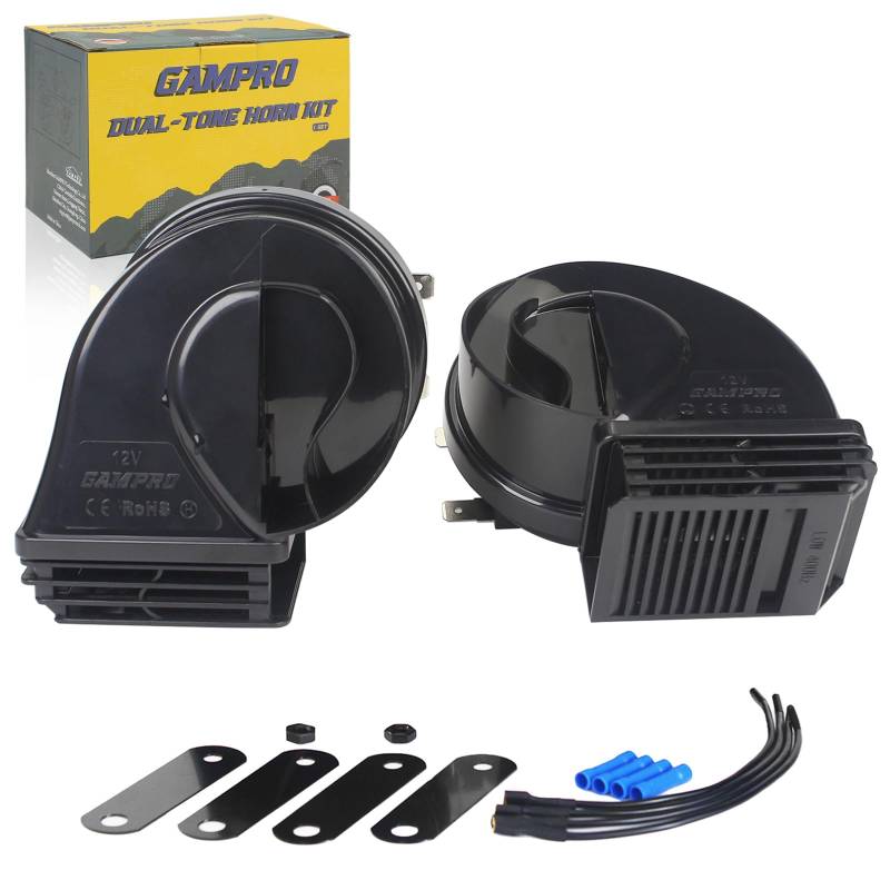 GAMPRO Hupe Autohupe Laut 130dB, Hörner Signalhorn für 12v Pkw Lkw Wohnmobile Motorräder Schiffe E-Bikes,2 Stück Trumpet for Any 12V Vehicles Trucks Lorrys Trains Boats Cars (G160151) von GAMPRO