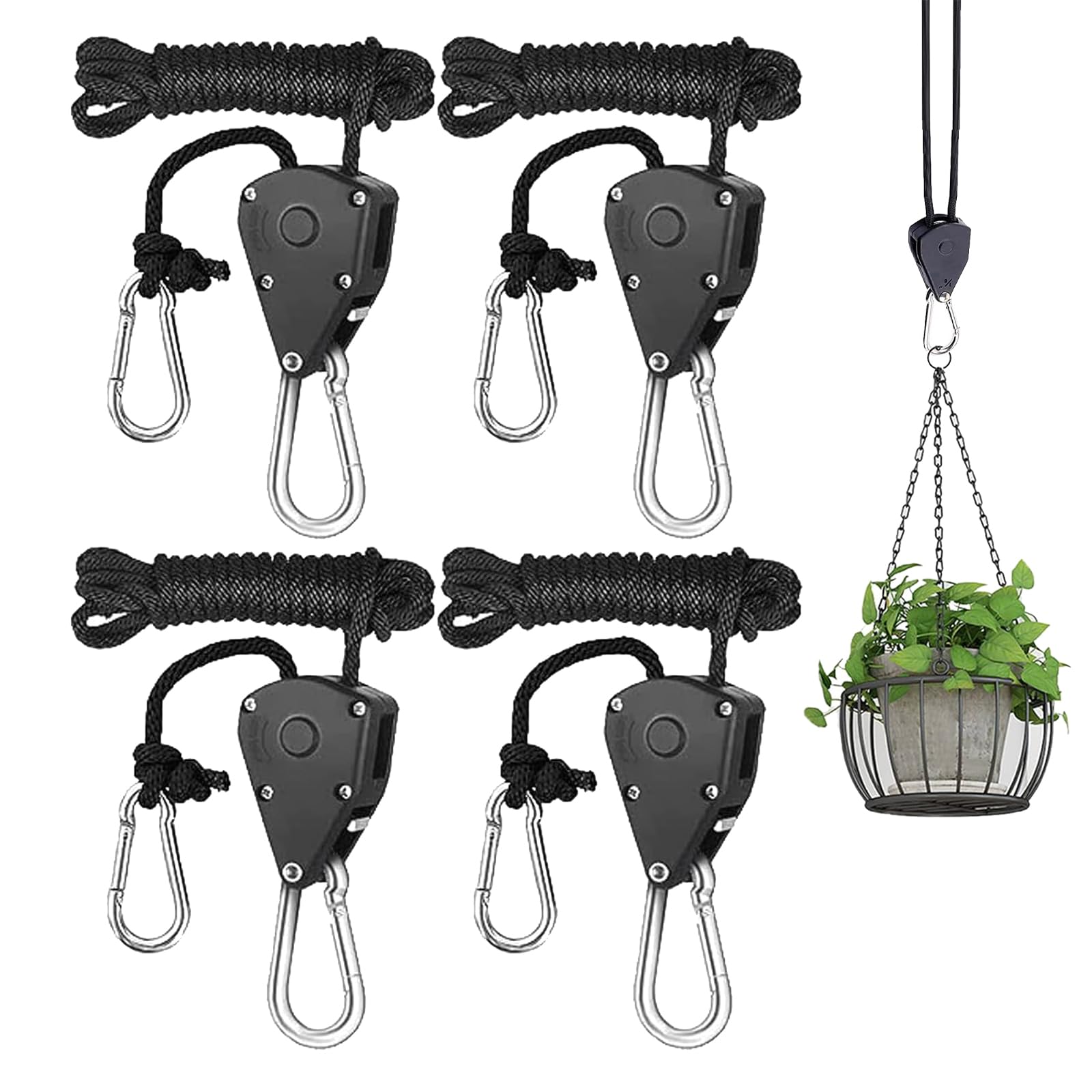 Seilratsche mit Haken, 4 Stück Ratchet Hanger, 2m Verstellbare Seil Ratschenaufhänger, 1/8 Zoll Ratchet Hanger, Seilratsche, Verstellbarer Aufhängen, für HäNgende Zelt Wachsen Pflanze Lampe, Schwarz von GANILITY