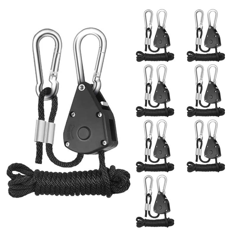 Seilratsche mit Haken, 8 Stück Schwarz Ratchet Hanger, 2M Verstellbare Seil Ratschenaufhänger, 1/8 Zoll Ratchet Hanger, Seilratsche, Geeignet für Zelte im Freien, Hängende Topfpflanzen von GANILITY