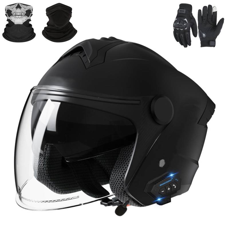 Bluetooth-Motorradhelm mit offenem Gesicht, Jet-Helm für Erwachsene, Männer und Frauen, Motocross-Helme mit Visier und Mikrofon, ECE 22.06-geprüft A-1,M (54-62cm) von GAORUTO