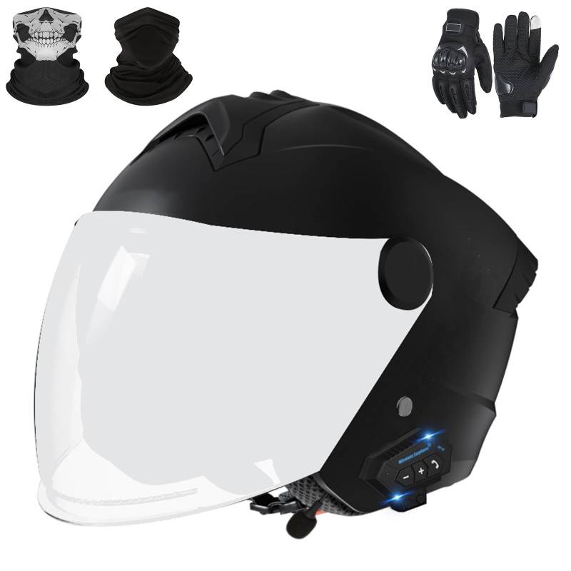 Bluetooth-Motorradhelm mit offenem Gesicht, Jet-Helm für Erwachsene, Männer und Frauen, Motocross-Helme mit Visier und Mikrofon, ECE 22.06-geprüft A-2,M (54-62cm) von GAORUTO