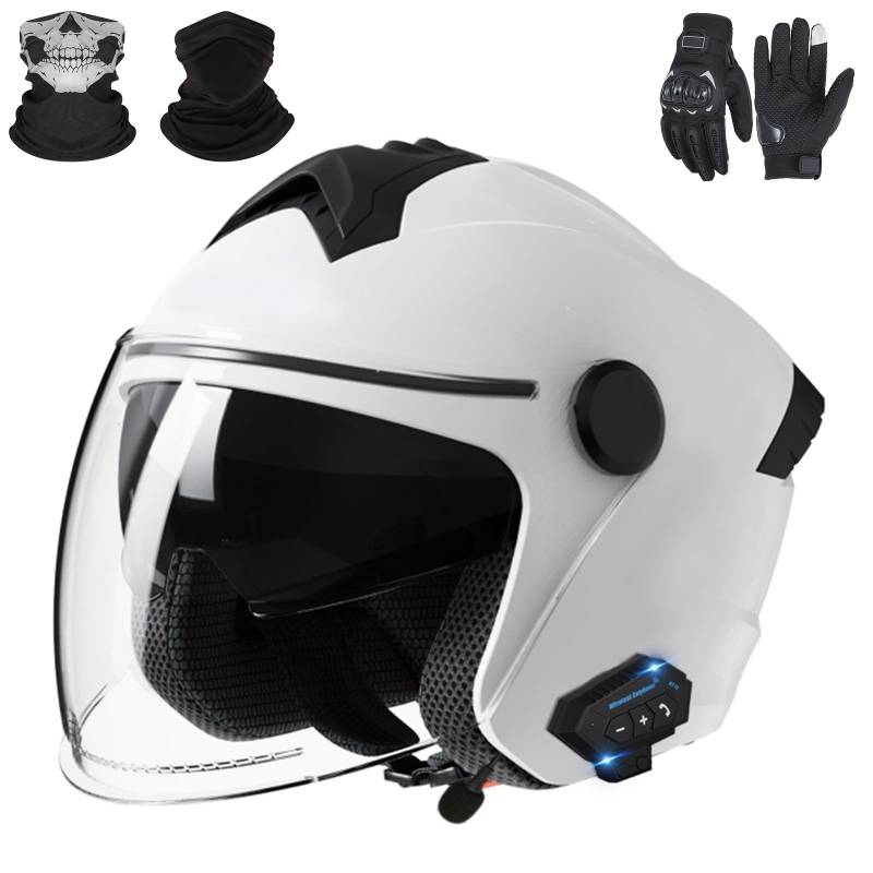 Bluetooth-Motorradhelm mit offenem Gesicht, Jet-Helm für Erwachsene, Männer und Frauen, Motocross-Helme mit Visier und Mikrofon, ECE 22.06-geprüft B-1,M (54-62cm) von GAORUTO