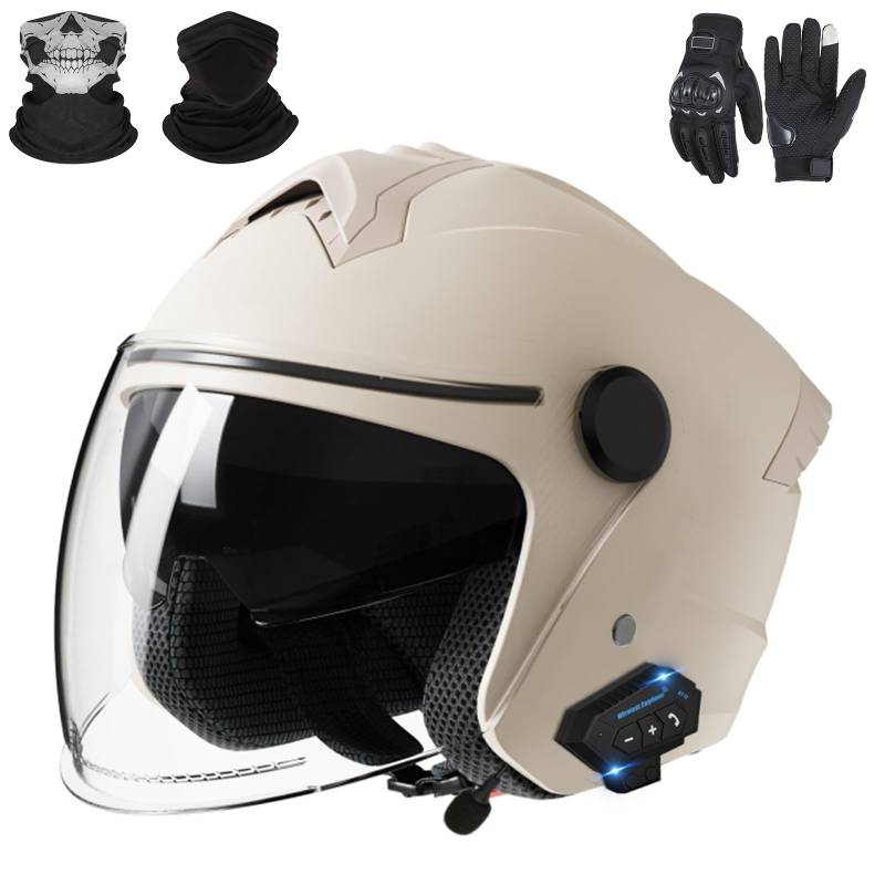 Bluetooth-Motorradhelm mit offenem Gesicht, Jet-Helm für Erwachsene, Männer und Frauen, Motocross-Helme mit Visier und Mikrofon, ECE 22.06-geprüft C-1,M (54-62cm) von GAORUTO