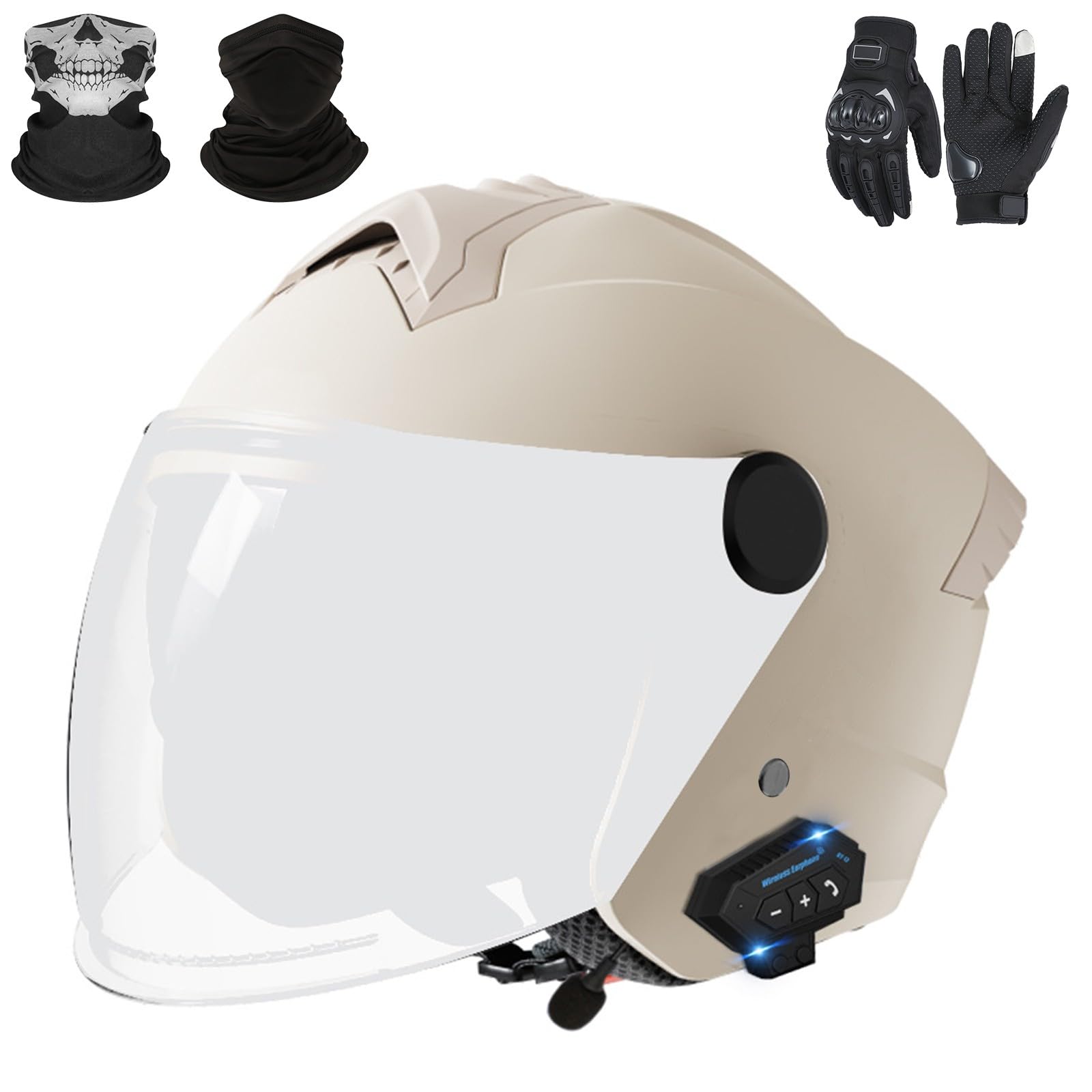 Bluetooth-Motorradhelm mit offenem Gesicht, Jet-Helm für Erwachsene, Männer und Frauen, Motocross-Helme mit Visier und Mikrofon, ECE 22.06-geprüft C-2,M (54-62cm) von GAORUTO