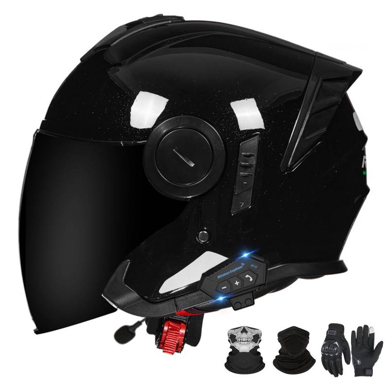 Bluetooth-Motorradhelm mit offenem Gesicht und Doppelvisier, ECE 22.06-zugelassener Moped-3/4-Helm für Erwachsene Männer und Frauen C-2,L (59-60cm) von GAORUTO