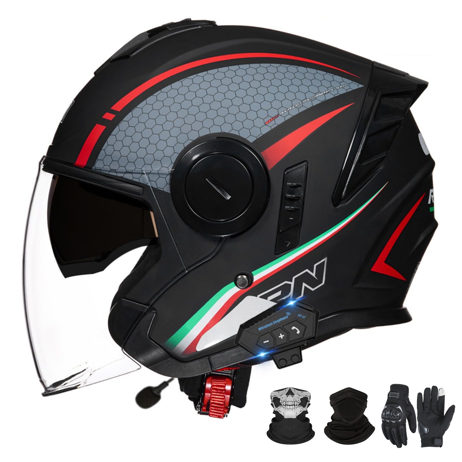 Bluetooth-Motorradhelm mit offenem Gesicht und Doppelvisier, ECE 22.06-zugelassener Moped-3/4-Helm für Erwachsene Männer und Frauen E-1,L (59-60cm) von GAORUTO