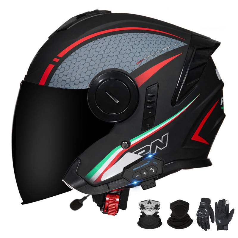 Bluetooth-Motorradhelm mit offenem Gesicht und Doppelvisier, ECE 22.06-zugelassener Moped-3/4-Helm für Erwachsene Männer und Frauen E-2,L (59-60cm) von GAORUTO