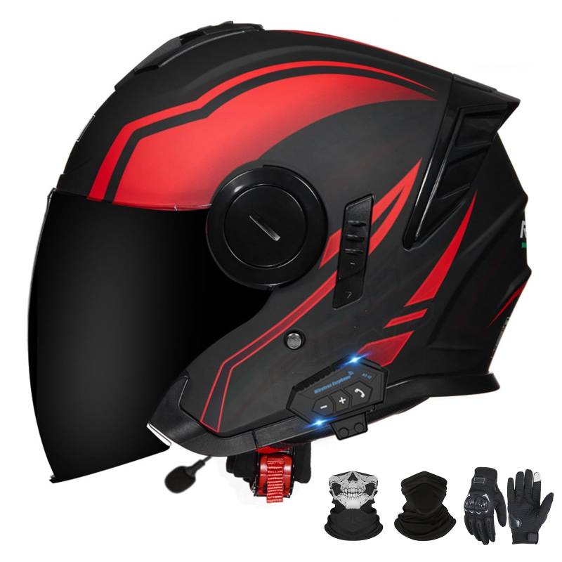 Bluetooth-Motorradhelm mit offenem Gesicht und Doppelvisier, ECE 22.06-zugelassener Moped-3/4-Helm für Erwachsene Männer und Frauen F-2,L (59-60cm) von GAORUTO