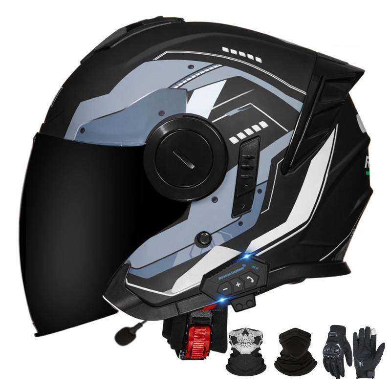 Bluetooth-Motorradhelm mit offenem Gesicht und Doppelvisier, ECE 22.06-zugelassener Moped-3/4-Helm für Erwachsene Männer und Frauen G-2,L (59-60cm) von GAORUTO