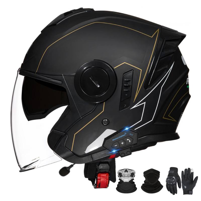 Bluetooth-Motorradhelm mit offenem Gesicht und Doppelvisier, ECE 22.06-zugelassener Moped-3/4-Helm für Erwachsene Männer und Frauen H-1,L (59-60cm) von GAORUTO