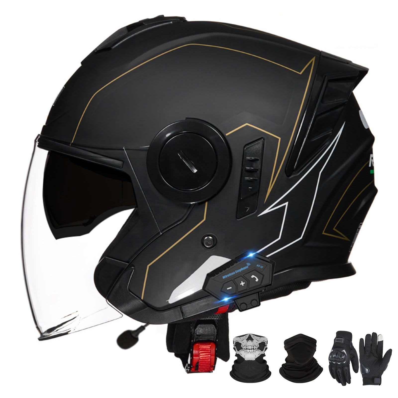 Bluetooth-Motorradhelm mit offenem Gesicht und Doppelvisier, ECE 22.06-zugelassener Moped-3/4-Helm für Erwachsene Männer und Frauen H-1,XXL (63-64cm) von GAORUTO