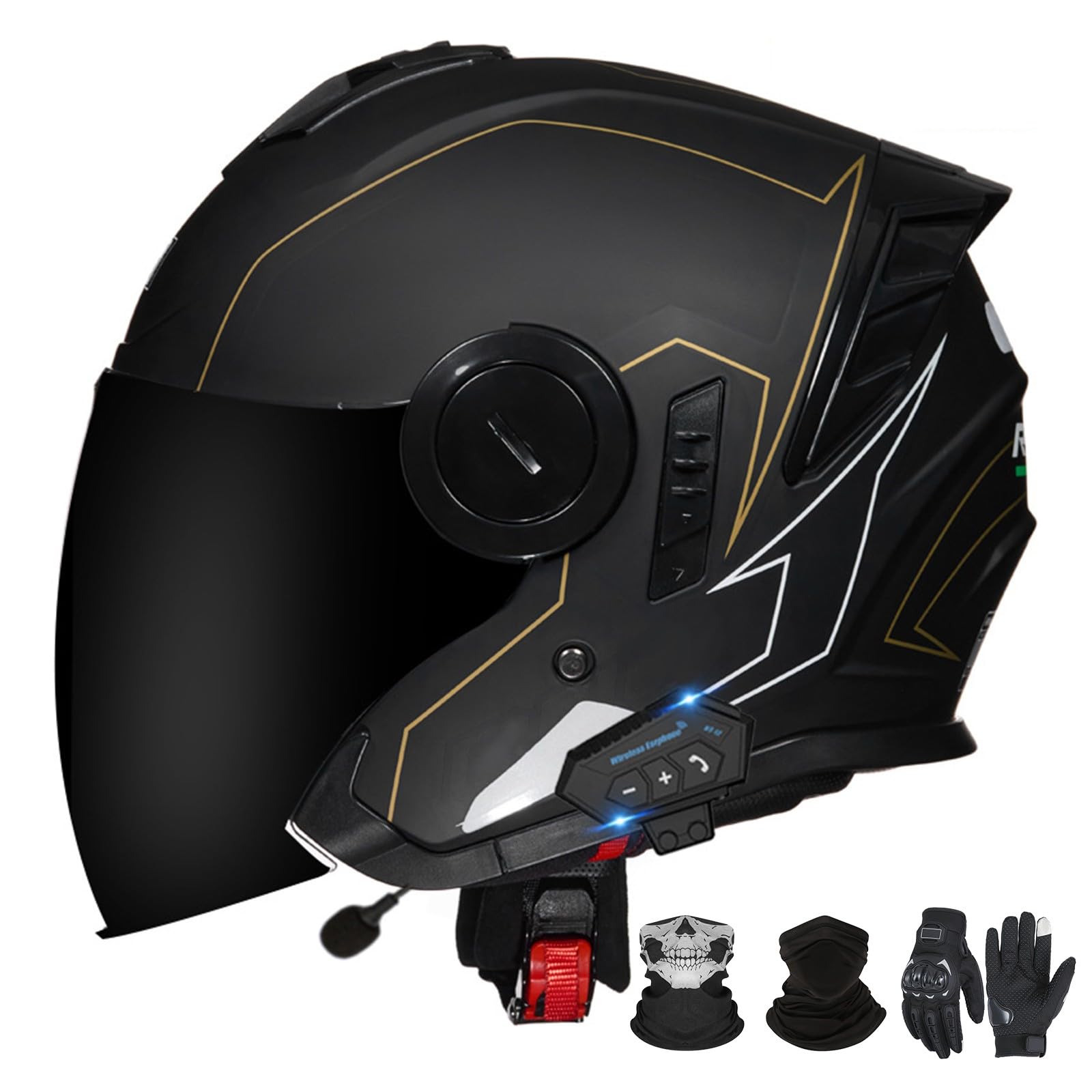 Bluetooth-Motorradhelm mit offenem Gesicht und Doppelvisier, ECE 22.06-zugelassener Moped-3/4-Helm für Erwachsene Männer und Frauen H-2,L (59-60cm) von GAORUTO