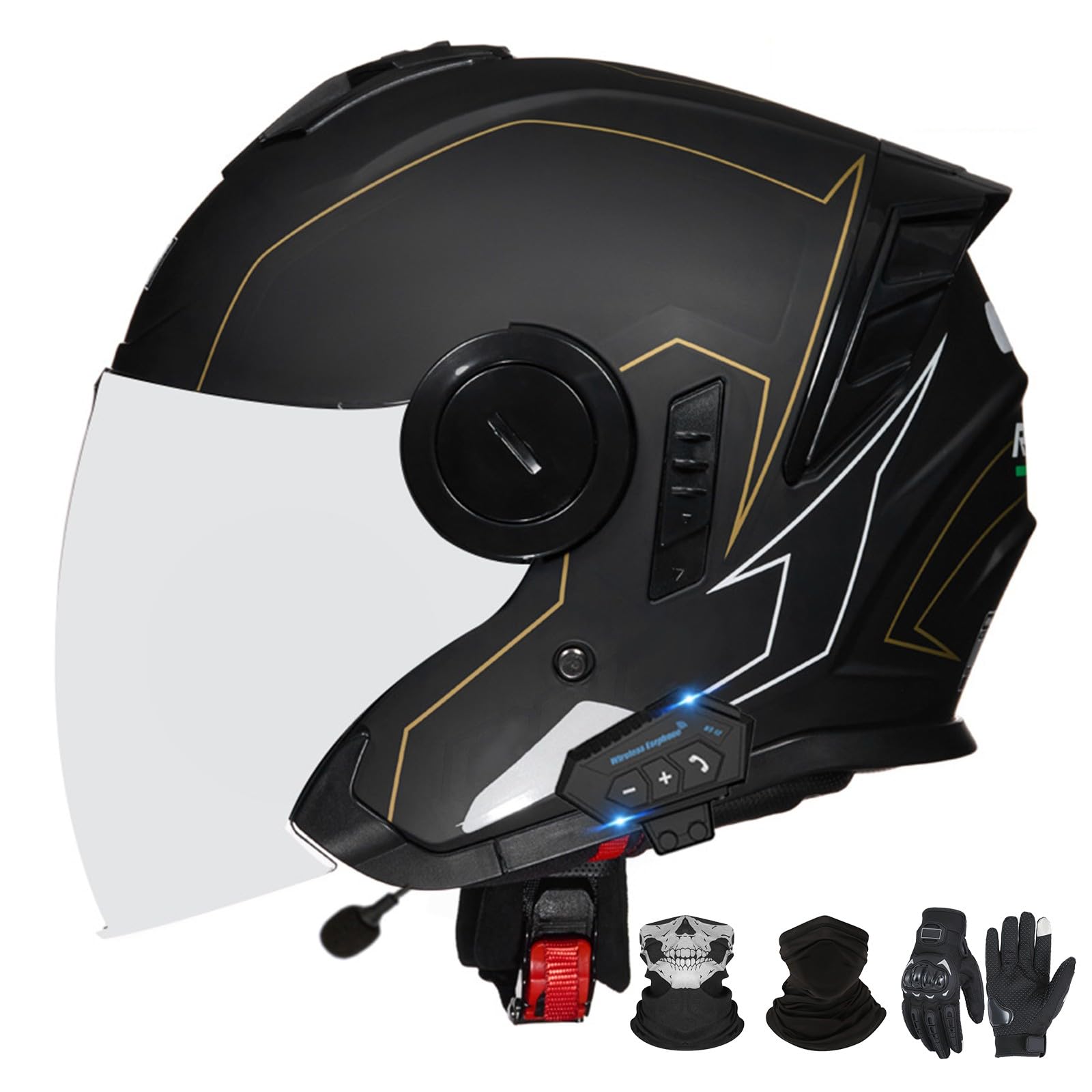 Bluetooth-Motorradhelm mit offenem Gesicht und Doppelvisier, ECE 22.06-zugelassener Moped-3/4-Helm für Erwachsene Männer und Frauen H-3,L (59-60cm) von GAORUTO