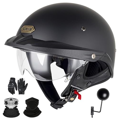 Retro-Halbhelm, Vintage-Jethelm im Deutschen Stil, ECE 22.06-zugelassener offener Motorradhelm mit Handschuhen und Masken für Erwachsene Männer und Frauen Black,L (59-60cm) von GAORUTO