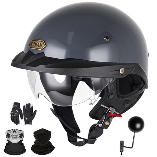 Retro-Halbhelm, Vintage-Jethelm im Deutschen Stil, ECE 22.06-zugelassener offener Motorradhelm mit Handschuhen und Masken für Erwachsene Männer und Frauen Grey,L (59-60cm) von GAORUTO