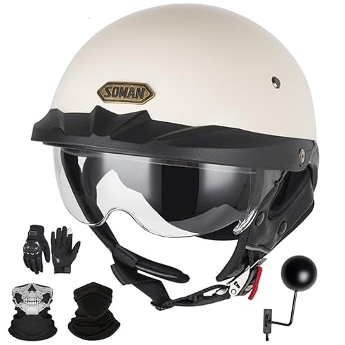 Retro-Halbhelm, Vintage-Jethelm im Deutschen Stil, ECE 22.06-zugelassener offener Motorradhelm mit Handschuhen und Masken für Erwachsene Männer und Frauen White,L (59-60cm) von GAORUTO