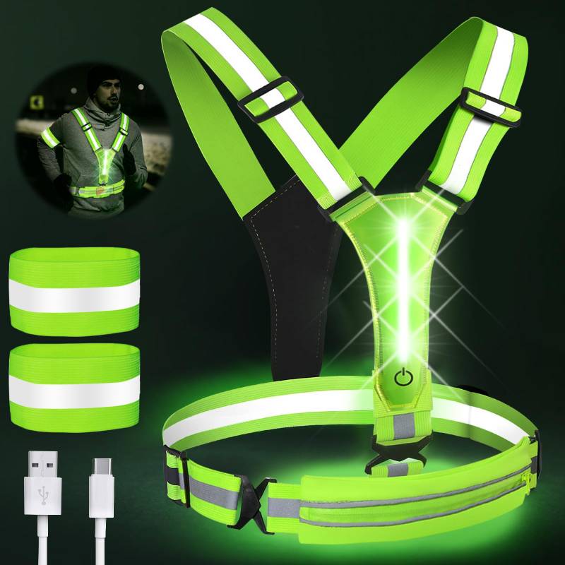 Warnweste LED Aufladbar, Warnweste Fahrrad mit 2 Reflektorbänder, Einstellbare Reflektionsweste Laufweste, LED Warnweste Kinder Sicherheitsweste für Joggen, Wandern, Gehen mit dem Hund von GAOUTO