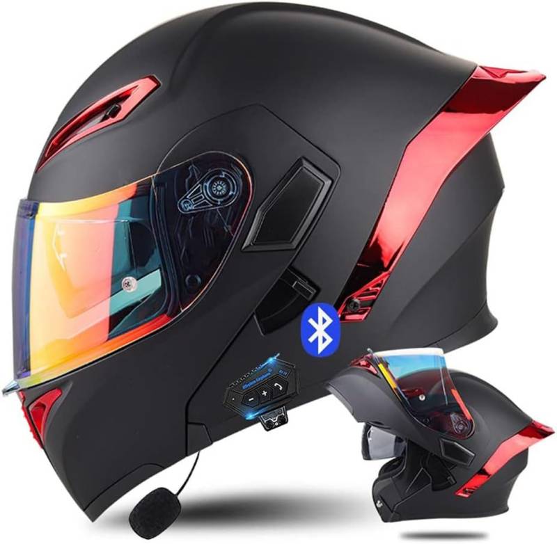 ECE-zugelassener Motorrad-Bluetooth-Klapphelm HD Anti-Beschlag-Doppelvisier für Männer Frauen Reithelm von GAOZCTT