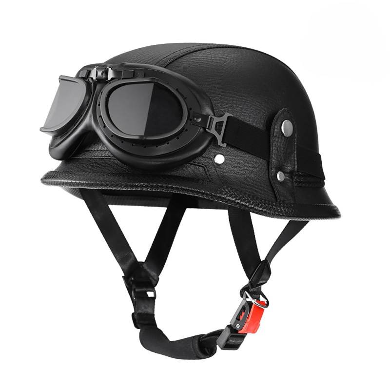 Halbhelm Im Retro-Stil Im Deutschen Stil Motorrad-Halbhelm Für Erwachsene Männer Und Frauen Lederhelm Mit Schutzbrille Moped-Rollerhelm A,L(57-58CM) von GAOZITAIGZ