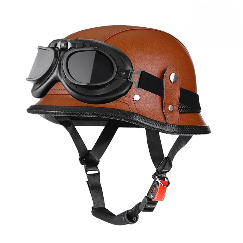 Halbhelm Im Retro-Stil Im Deutschen Stil Motorrad-Halbhelm Für Erwachsene Männer Und Frauen Lederhelm Mit Schutzbrille Moped-Rollerhelm C,XL(59-60CM) von GAOZITAIGZ