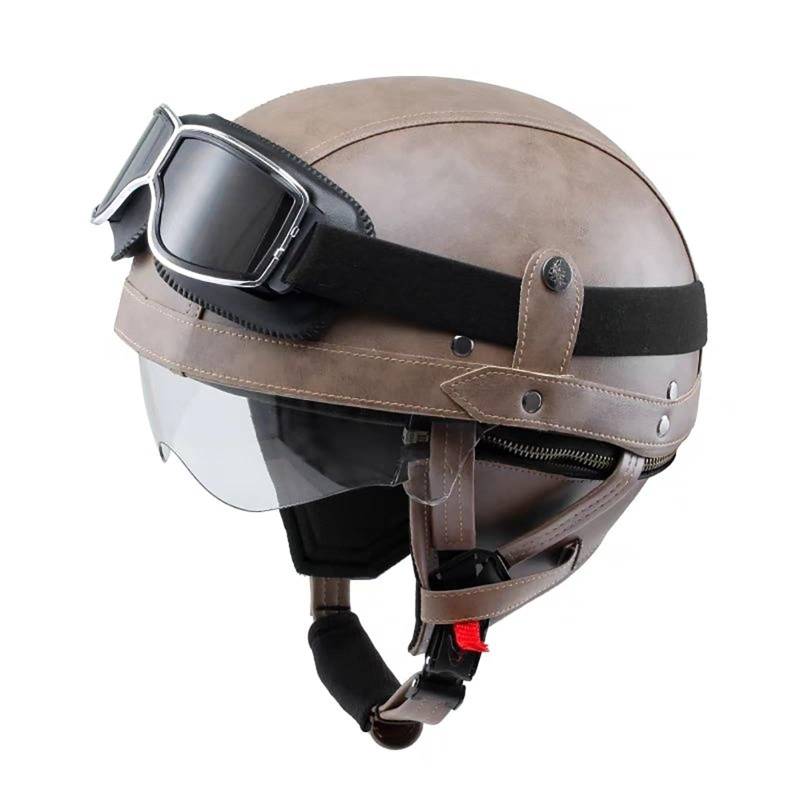 Retro-Halbhelm Vintage-Motorradhelm Aus Leder Halbhelm Im Deutschen Stil Mit Schutzbrille Und Herunterklappbarer Sonnenlinse Unisex B,L(57-58CM) von GAOZITAIGZ