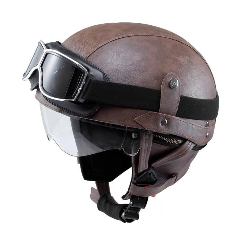 Retro-Halbhelm Vintage-Motorradhelm Aus Leder Halbhelm Im Deutschen Stil Mit Schutzbrille Und Herunterklappbarer Sonnenlinse Unisex D,L(57-58CM) von GAOZITAIGZ