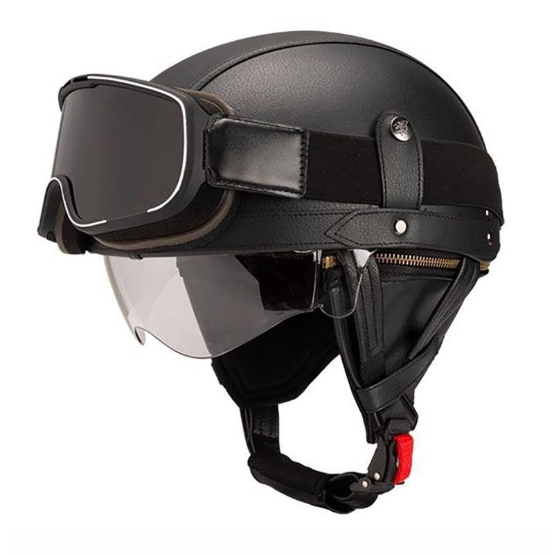 Vintage-Motorradhelm Aus Leder Retro-Halbhelm Im Deutschen Stil Offener Motorradhelm Mit Schutzbrille Und Herunterklappbarer Sonnenlinse Unisex A,L(60-61CM) von GAOZITAIGZ